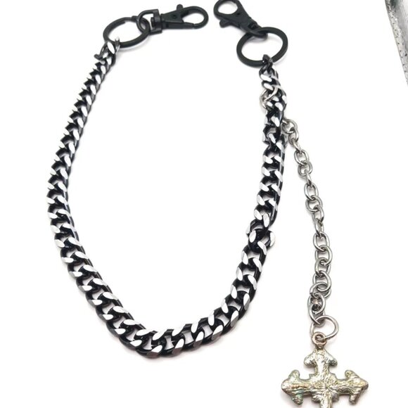 Mens Wallet Or Pants Single Layer Black+Silver Tone Chain + Goth Cross -17" - Picture 8 of 9